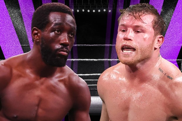 Illustration of Errol Spence Jr. and Canelo Álvarez facing off in a boxing ring.