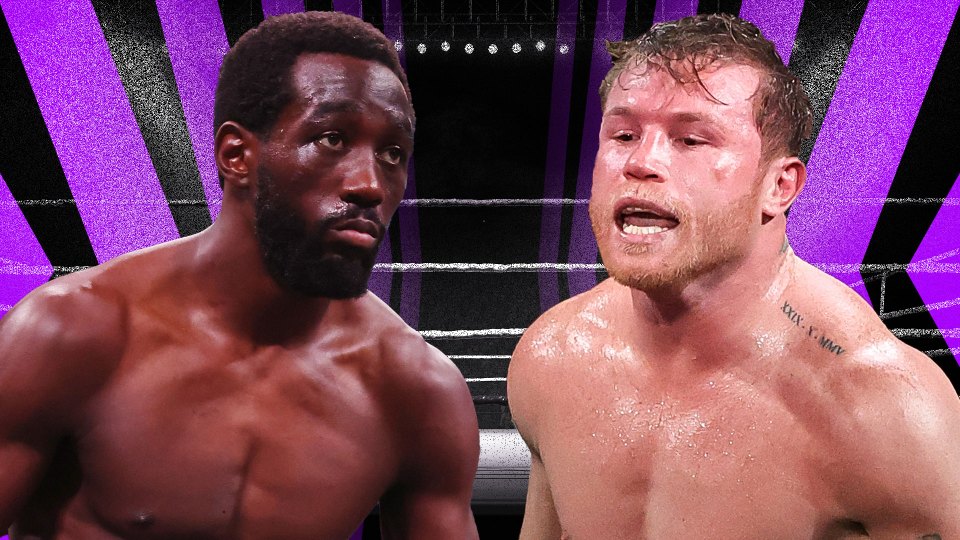 Illustration of Errol Spence Jr. and Canelo Álvarez facing off in a boxing ring.