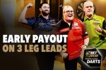 Three darts players celebrating an early payout on a three-leg lead in the BetMGM Premier League Darts.