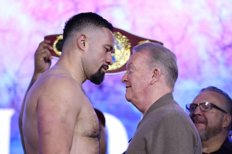 RIYADH, SAUDI ARABIA - FEBRUARY 21: Joshua Parker faces off with Frank Warren, CEO of Queensbury Promotions, after Martin Bakole was unable to attend, during the weigh-in ahead of their WBO Interim World Heavyweight title as part of Beterbiev v Bivol 2: The Last Crescendo at Boulevard Fountain on February 21, 2025 in Riyadh, Saudi Arabia. (Photo by Richard Pelham/Getty Images)