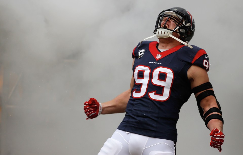 HOUSTON, TX - DECEMBER 01:  J.J. Watt #99 of Houston Texans enters the field before the game against the New England Patriots at Reliant Stadium on December 1, 2013 in Houston, Texas.  (Photo by Scott Halleran/Getty Images)